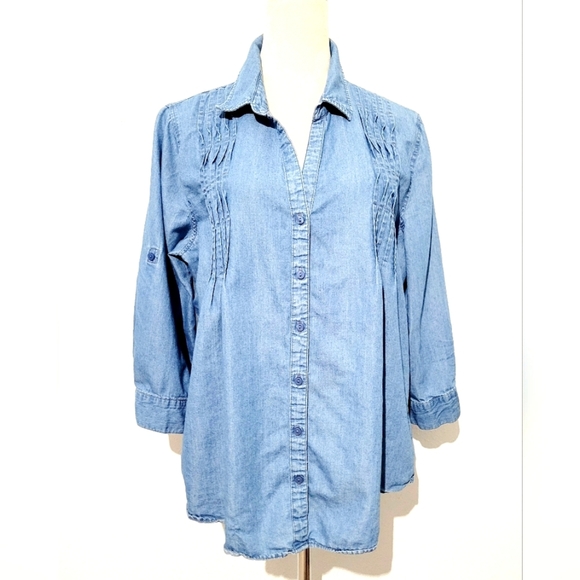 Gloria Vanderbilt Women’s Denim Chambray Button Front Tunic Shirt Top L Large - Picture 1 of 11